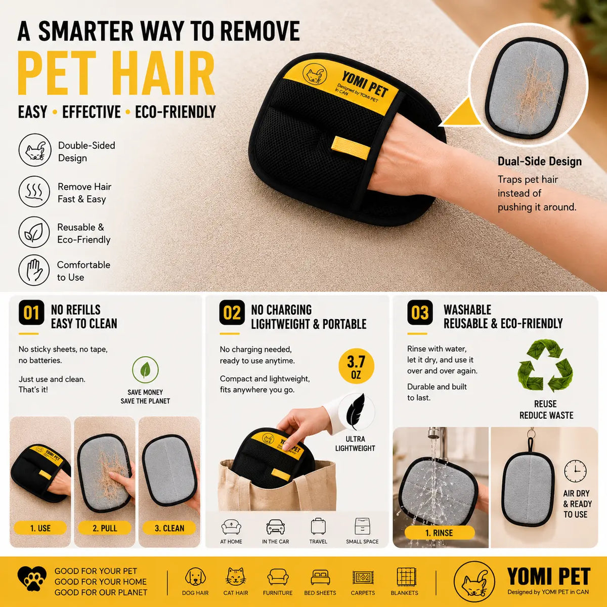 YOMI PET Reusable Electrostatic Pet Hair Remover Glove for Cats and Dogs - Ideal for Furniture, Upholstery, Carpets, and Clothing